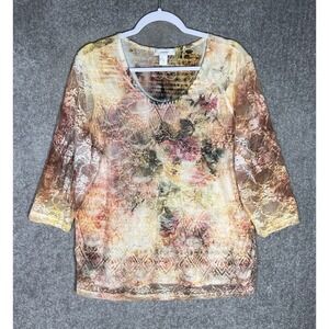 CJ Banks Mesh Lace Overlay Rhinestone Top Womens Sz 1X Floral Stretch 3/4 Sleeve